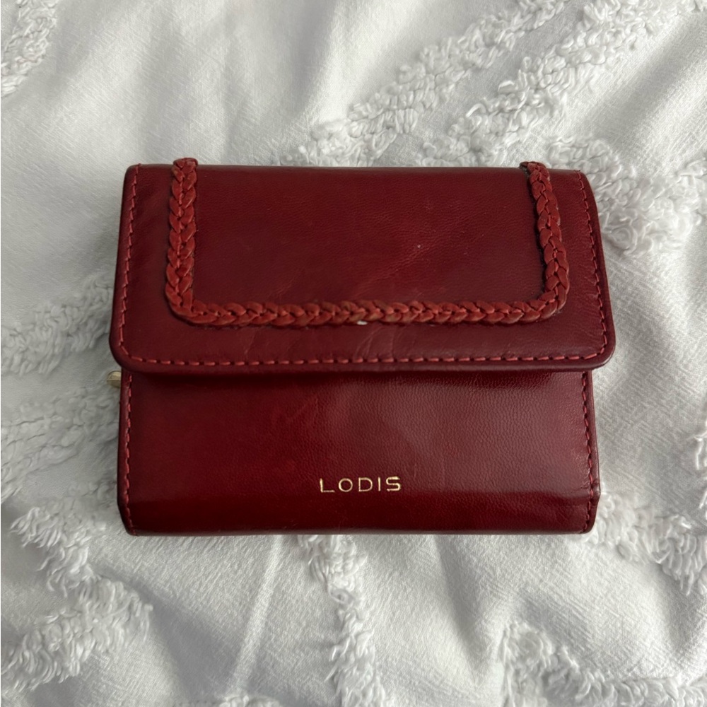LODIS Braided Trim Red Leather Compact Wallet